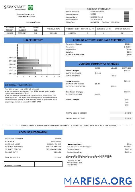Downloadable USA Georgia Savannah business utility bill template in Word and PDF formats